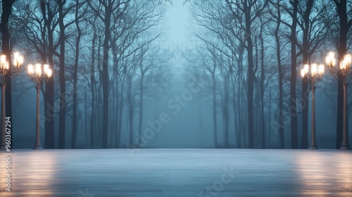 A mysterious path lined with bare trees and glowing street lamps disappears into the fog.