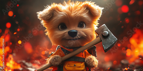 Heroic Fluffy Dog Firefighter Stands Brave Amidst Fiery Blaze, Donning Orange Suit and Holding an Axe with Determination and Courage photo