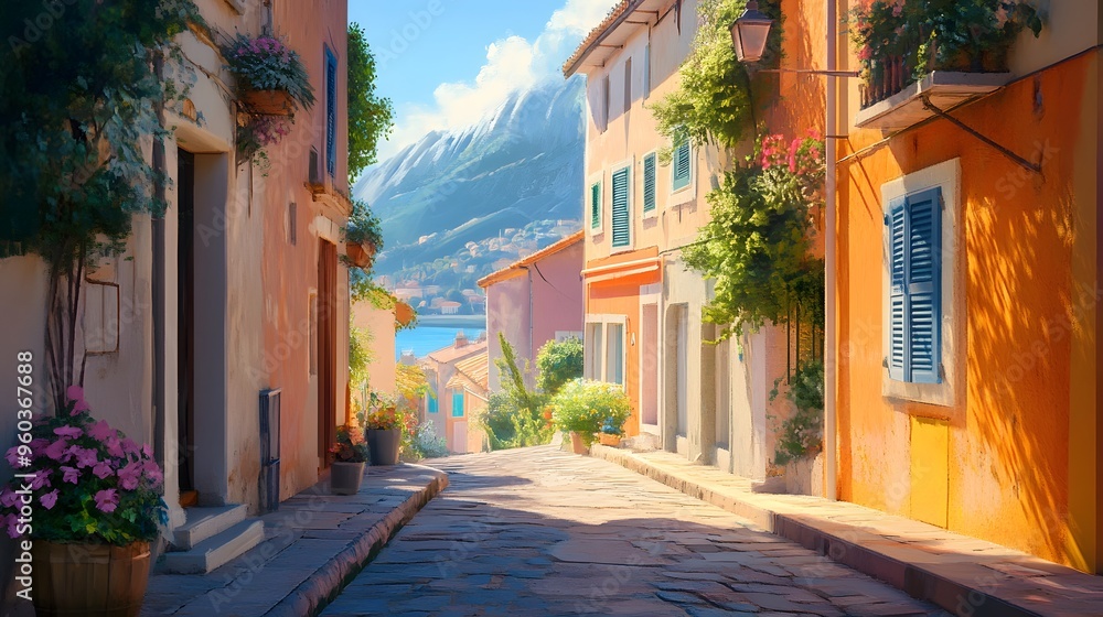 Digital Art Serene Landscapes, a sun-drenched Mediterranean coastal village, with narrow cobblestone streets and colorful houses, warm, sunlit ambiance with soft shadows, vibrant and welcoming, a Digital Art Serene Landscapes, a sun-drenched Mediterranean coastal village, with narrow cobblestone streets and colorful houses, warm, sunlit ambiance with soft shadows, vibrant and welcoming, a