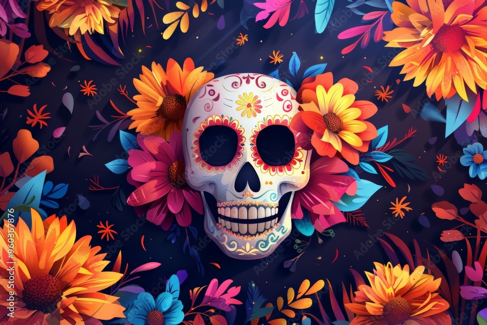 An ornate sugar skull surrounded by a rich array of vivid flowers, capturing the lively essence of Dia de los Muertos. An ornate sugar skull surrounded by a rich array of vivid flowers, capturing the lively essence of Dia de los Muertos.