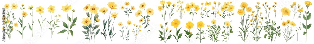 Fototapeta premium An assortment of rue elements, with bright yellow flowers, bluish-green leaves and a pungent aroma.