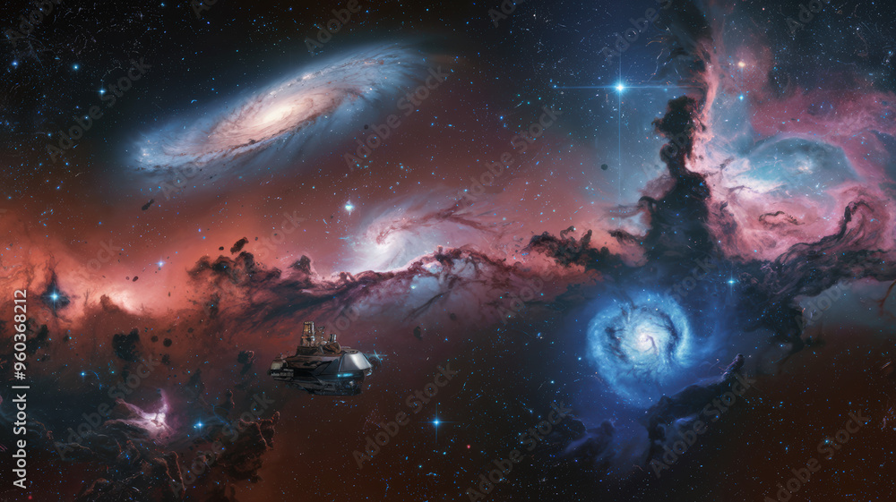 Naklejka premium A panoramic view of the cosmos with a multitude of stars, galaxies, and nebulae. There's a galaxy with spiral arms, a blue supergiant star, and a nebula with pink and blue hues.