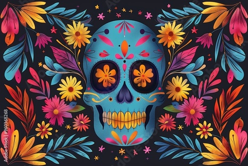 A cheerful sugar skull skeleton wearing a red hat, surrounded by a variety of colorful flowers in a lively garden scene.