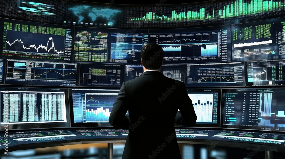A financial analyst monitors market data and trading charts in a professional office setting during business hours A financial analyst monitors market data and trading charts in a professional office setting during business hours