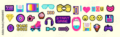 Food pixel art 80s style icons element design stickers, logo, mobile app, menu. Game assets 8-bit sprite sheet. Fast food, seafood, pastries, ice cream, meat, fruit vector illustration.