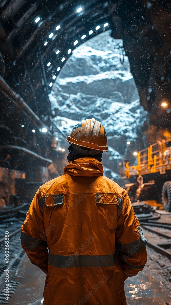 Construction Worker in Tunnel with Rain and Lights Construction Worker in Tunnel with Rain and Lights