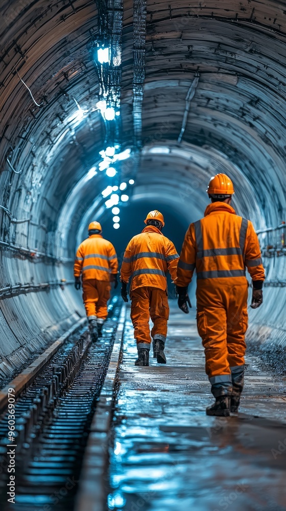Naklejka premium Construction Workers Walking Through Tunnel