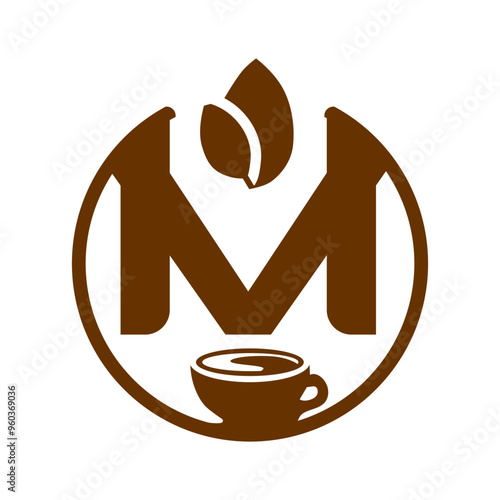 a brown and white logo with a cup of coffee.