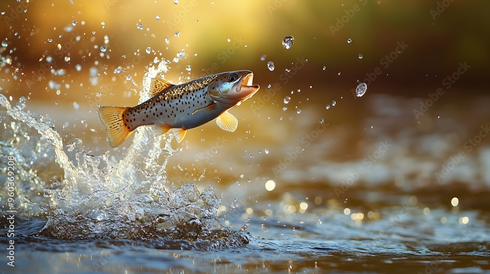 Fototapeta premium Leaping Brook Trout in Rushing River with Splashing Water and Dynamic Movement