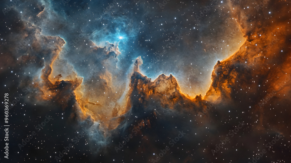 Fototapeta premium A stunning, colorful nebula in deep space with swirling clouds of gas and dust illuminated by distant stars in hues of deep blues and fiery oranges, scattered with bright white stars.