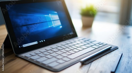 Laptop and stylus on wooden desk with window view