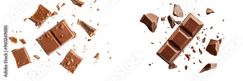 Isolated dark chocolate pieces on a background of a darker background, popular dessert snack, flying crumbs of dark brown color. photo