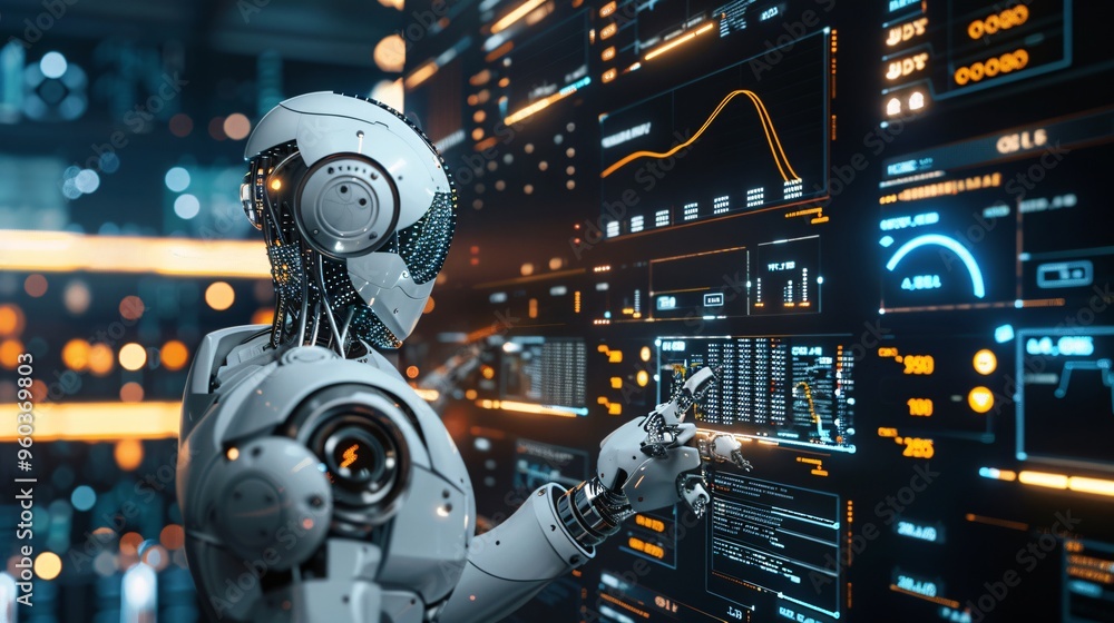 Futuristic Robot Interacting with Digital Interface Futuristic Robot Interacting with Digital Interface