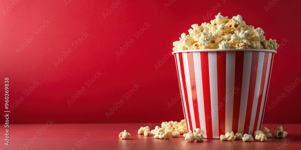 Popcorn overflowing in a red and white striped bucket , snack, cinema, movie night, buttery, salty, crunchy, delicious Popcorn overflowing in a red and white striped bucket , snack, cinema, movie night, buttery, salty, crunchy, delicious