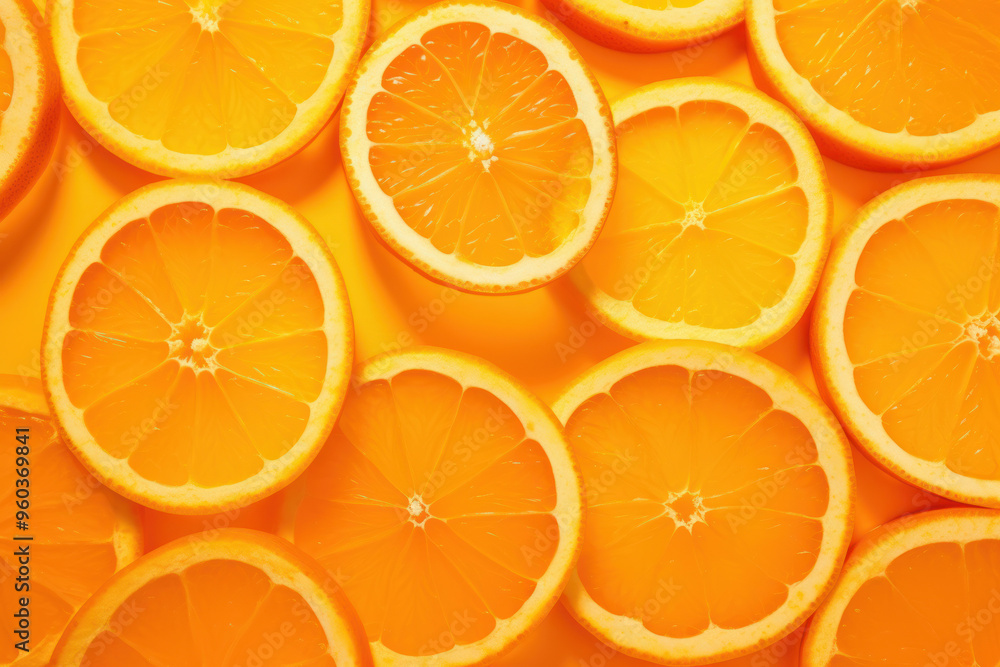Pattern of slices of orange fruit on vibrant orange background. Pattern of slices of orange fruit on vibrant orange background.