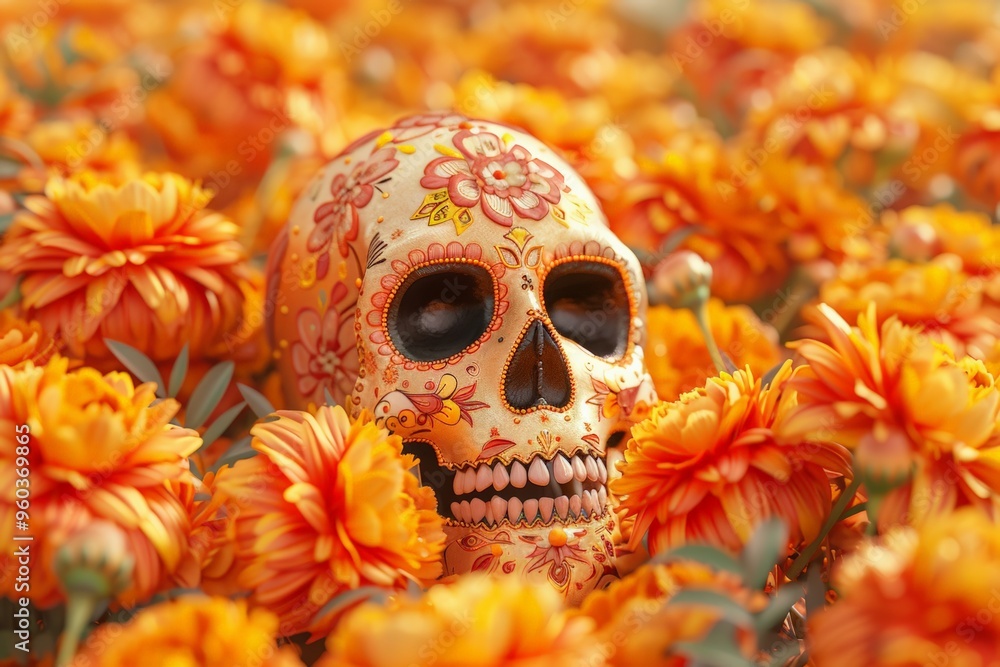 A beautifully designed sugar skull surrounded by vibrant orange marigold flowers, capturing the essence of the Day of the Dead celebration. A beautifully designed sugar skull surrounded by vibrant orange marigold flowers, capturing the essence of the Day of the Dead celebration.