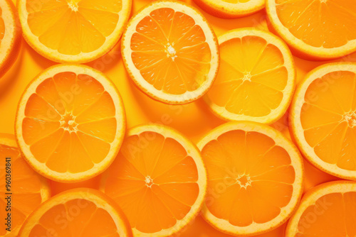 Pattern of slices of orange fruit on vibrant orange background.