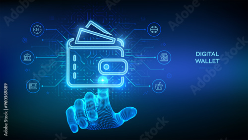 Digital wallet. E-wallet. Online payment by digital wallet. Mobile banking, money transaction, e-commerce. Circuit board background. Wireframe hand touching digital interface. Vector illustration.