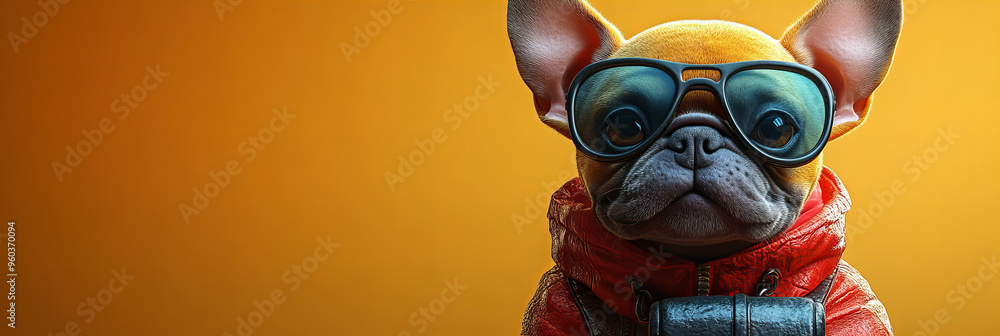 Fashionable French Bulldog Wearing Glasses and Red Jacket against a Minimalist Yellow Background, Exuding Coolness and Confidence Fashionable French Bulldog Wearing Glasses and Red Jacket against a Minimalist Yellow Background, Exuding Coolness and Confidence