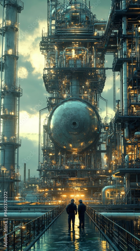 Industrial Workers Examining Refinery Structure at Sunset Industrial Workers Examining Refinery Structure at Sunset