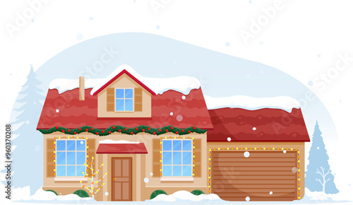 Christmas winter house in snow with decorations for holiday, isolated cartoon vector. House facade exterior in winter town with snow on roof and chimney, Christmas tree at entrance and window lights