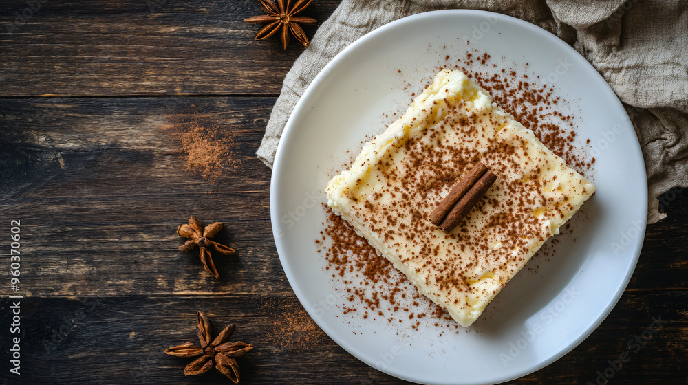 Delectable homemade dessert cake rests on a white plate atop a wooden table, adorned with star anise and cinnamon Delectable homemade dessert cake rests on a white plate atop a wooden table, adorned with star anise and cinnamon