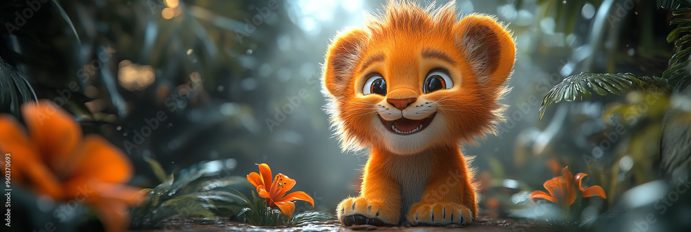 Smiling Lion Cub in Enchanted Jungle with Radiant Green Foliage and Golden Flowers Creating Magical Forest Ambiance Smiling Lion Cub in Enchanted Jungle with Radiant Green Foliage and Golden Flowers Creating Magical Forest Ambiance