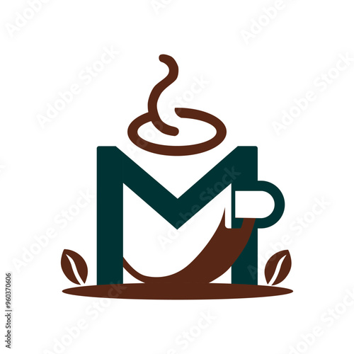 a green and white logo with a cup of coffee and a letter m on it.