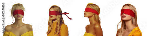 The image shows a young woman blindfolded on a yellow background
