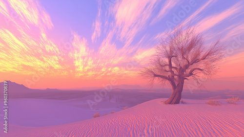 Ethereal Desert Sunset: Lone Tree Silhouette Against Vibrant Pink and Purple Sky photo