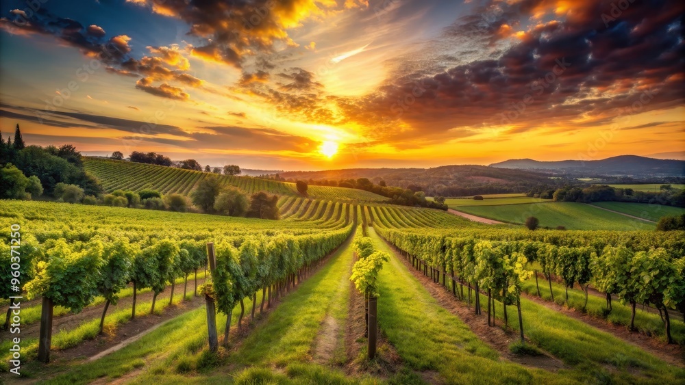 Naklejka premium Sunset casting a warm glow over lush vineyards in the countryside, sun, sunset, vineyards, agriculture, rural, landscape, winery