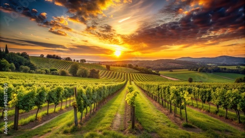 Sunset casting a warm glow over lush vineyards in the countryside, sun, sunset, vineyards, agriculture, rural, landscape, winery