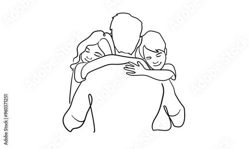 Father and two son continuous line art drawing isolated on white background. Fathers day. Vector illustration	