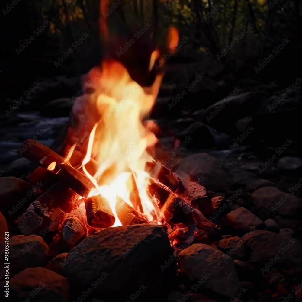 Dusk bonfire by the river: a calming view. Evening campfire by a river with glowing flames. Dusk bonfire by the river: a calming view. Evening campfire by a river with glowing flames.