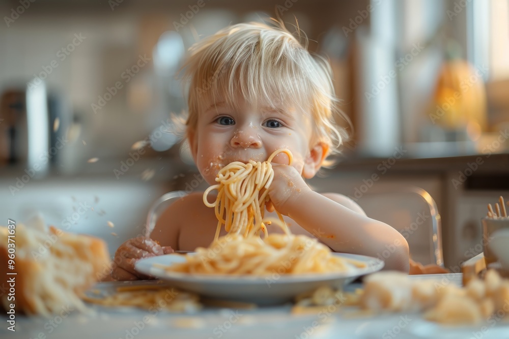 Adorable toddler enjoying a playful and messy spaghetti meal, highlighting the fun and innocence of childhood. Adorable toddler enjoying a playful and messy spaghetti meal, highlighting the fun and innocence of childhood.