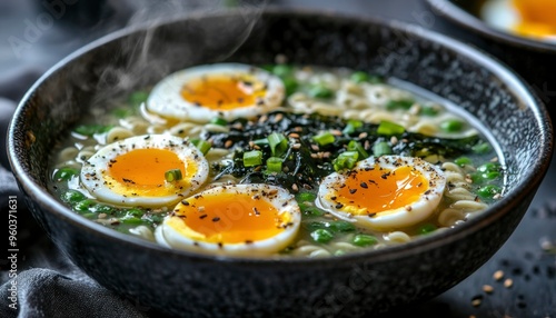 Steaming Bowl of Ramen with Soft-Boiled Eggs, Seaweed, and Green Onions