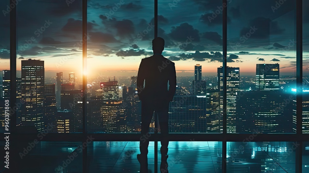 A businessman stands before a panoramic city view at sunset, contemplating opportunities and future successes. A businessman stands before a panoramic city view at sunset, contemplating opportunities and future successes.