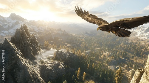 An eagle soars majestically over a breathtaking mountain landscape at sunrise, capturing the essence of nature's beauty and freedom photo