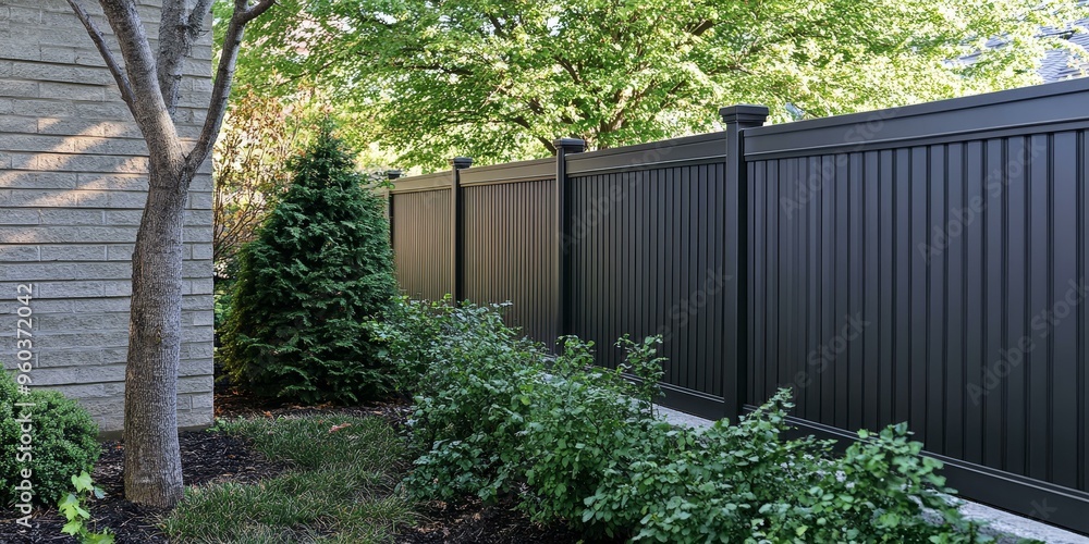 A black privacy fence with green foliage. A black privacy fence with green foliage.