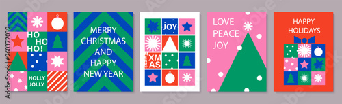 Christmas and New Year design elements in minimalist geometric style. Bright colorful flat retro vector illustration. Card, banner, flyer.