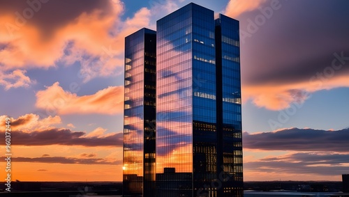 sunset over the city,Photorealistic Tall building and behind it a beautiful and sky,A Spectacular View of a Postmodern Office Building Basking in the Warm Glow of Sunset

