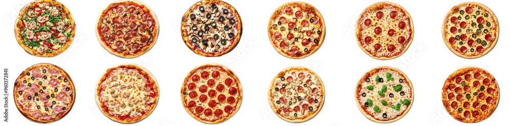 Various flavors of pizza isolated on a flat background, fast food plate, cheesy and meat pizza on a flat background. Various flavors of pizza isolated on a flat background, fast food plate, cheesy and meat pizza on a flat background.