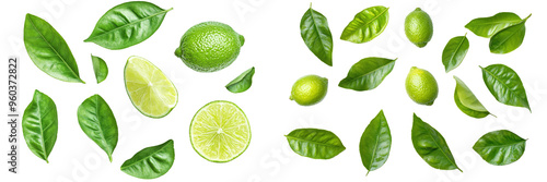 A citrus lime flying in the air with a slice of lime cut from its fruit and green leaves. © Zaleman