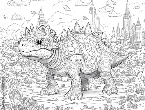 Friendly Armored Dinosaur in a Futuristic City - Coloring Adventure for Kids. photo