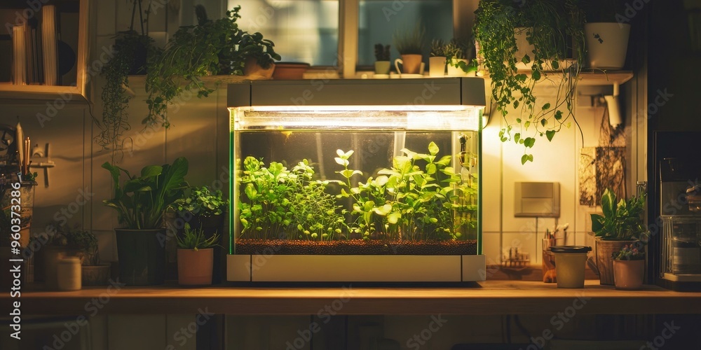 Planted aquarium sits on a wood countertop. Planted aquarium sits on a wood countertop.