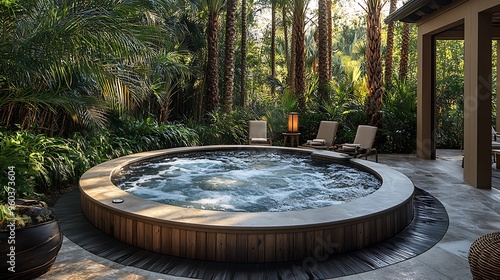 A serene tropical hot tub surrounded by palm trees and bamboo, soft glow from tiki torches illuminating the area, warm steam rising from the water, creating a tranquil and relaxing island atmosphere.