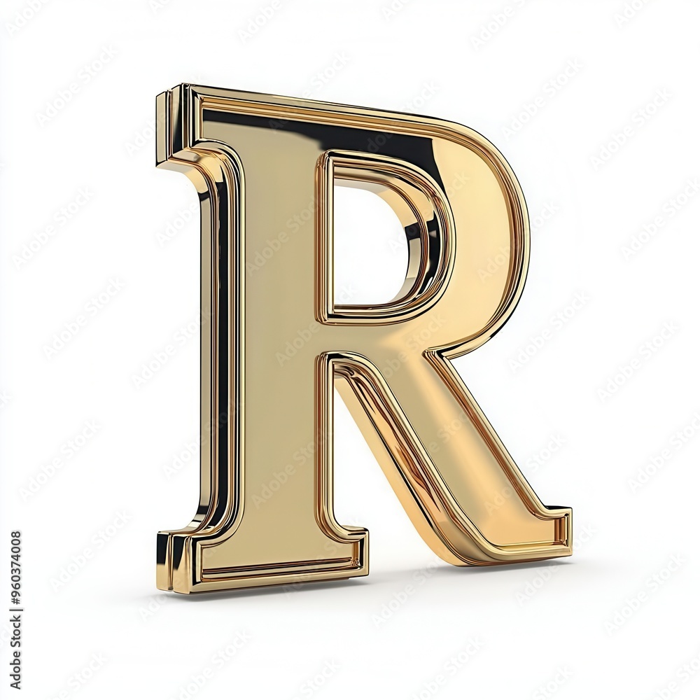 Shiny gold letter R on a clean white background, ideal for branding, logos, and typographic designs. Shiny gold letter R on a clean white background, ideal for branding, logos, and typographic designs.