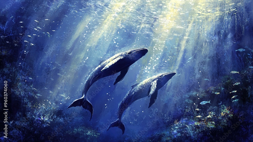 Obraz premium Two majestic whales swimming gracefully in deep blue ocean waters illuminated by sun rays filtering through the surface