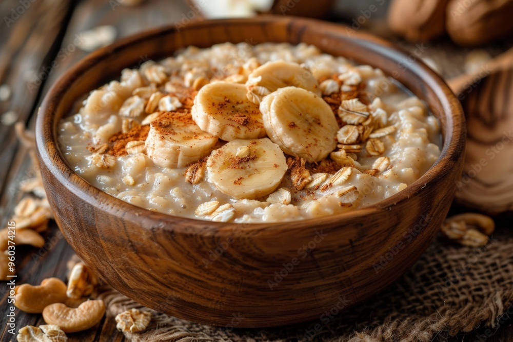 A comforting bowl of warm oatmeal topped with sliced bananas, cinnamon, and oats, served in a rustic wooden bowl. A comforting bowl of warm oatmeal topped with sliced bananas, cinnamon, and oats, served in a rustic wooden bowl.