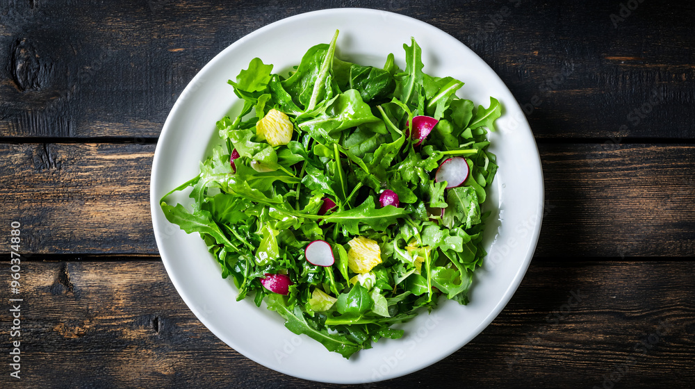Arugula, radish, and pear salad presented on a white plate atop a rustic wooden table Arugula, radish, and pear salad presented on a white plate atop a rustic wooden table